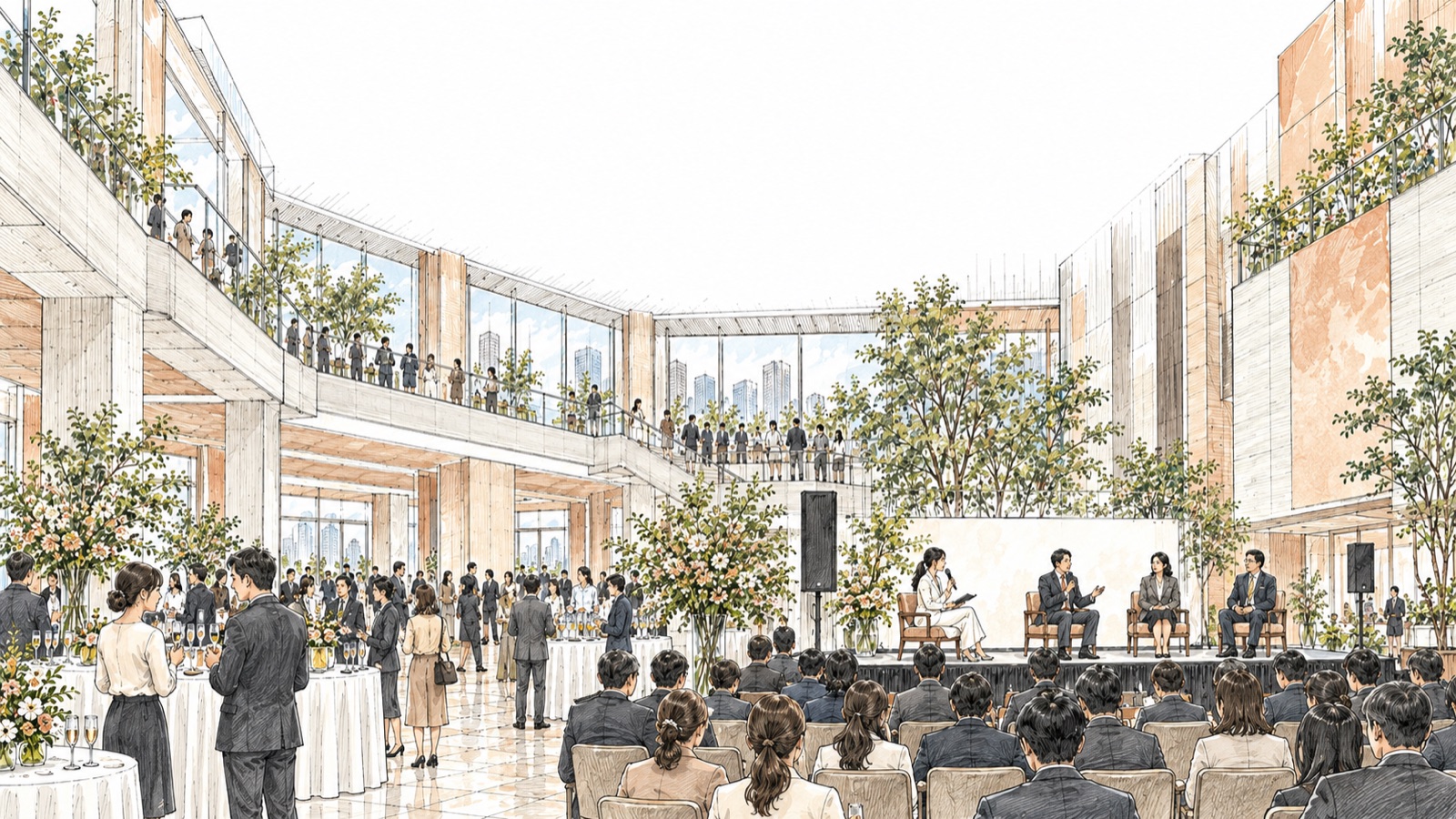 ホテルのアトリウムで司会者がトークイベントを進行するスケッチ風イメージイラスト
